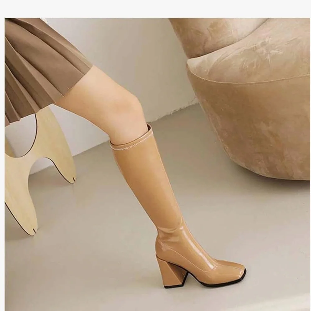 Liquid leather stacked tall Stylish Tan Women's Boots size 8